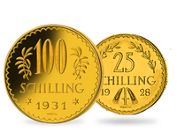 2er Set der ersten 25- und 100-Schilling-Goldmünzen Österreichs in der Erhaltung ss/vz