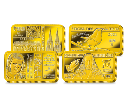 Die Goldbarren zu den wichtigsten Goldausgaben 2021 aus der Münze Berlin