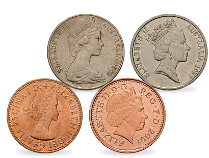 Vier Porträts Elizabeth II. − Pennies und Cents 1953-heute