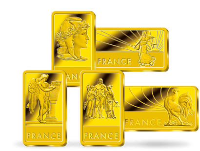 Set de 5 lingots en or le plus pur représentant les symboles monétaires Français