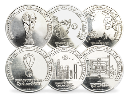 Die 8 offiziellen Basemetal-Gedenkmünzen Katars zum FIFA World Cup 2022™!	
