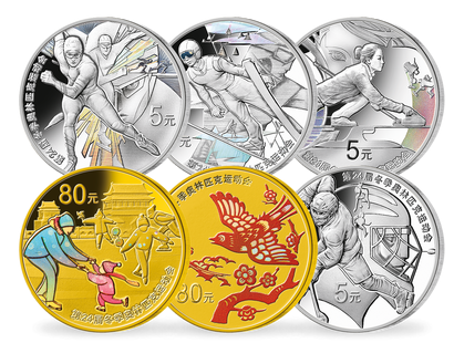 China – 6er-Komplett-Set der neuen Gold- und Silbermünzen zu Peking 2022!