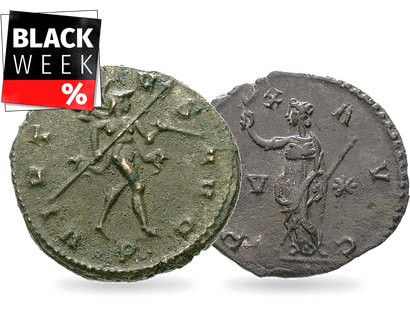 2er-Set antiker römischer Münzen mit den Göttern des Krieges und des Friedens
