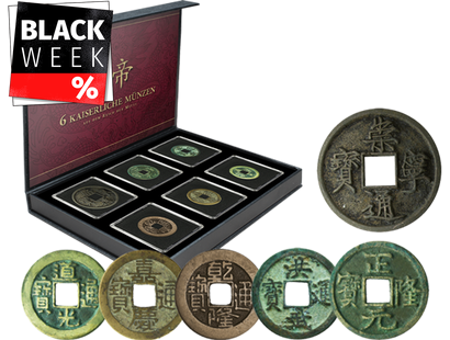 6er-Set historischer Käsch-Münzen verschiedener chinesischer Kaiser