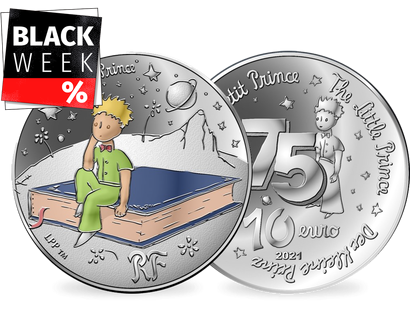 Frankreichs 10-Euro-Silbermünze ''75 Jahre Der kleine Prinz - Bücherwurm" mit Farbveredelung