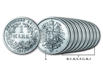 Prägestätten-Komplettsatz der ersten deutschen 1-Mark-Münze