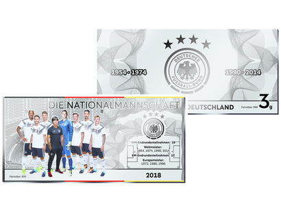 Der offizielle Silber-Flatbar "Die Nationalmannschaft" mit eingeprägtem Sicherheits-Merkmal