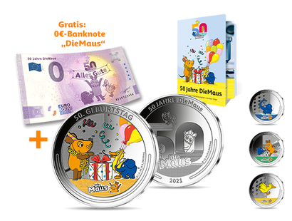 Silber-Jubiläumskollektion "50 Jahre DieMaus" – Ihr Start: "50. Geburtstag" + 0-Euro-Banknote