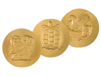 Kleingold-Münzen "Eule der Athene", "Schildkröte" und "Pegasos"