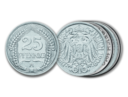 4er-Prägejahre-Komplettset Deutsches Reich 25 Pfennig 1909-1912 Prz. A