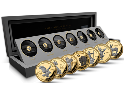 7er-Goldmünzen-Edition "Half Gram Coins" mit Weiß-Rhodium-Veredelung	