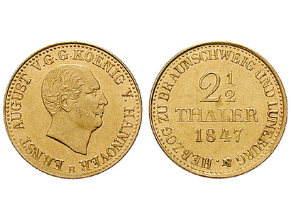 König von Hannover mit 66 Jahren − Ernst August 2 1/2 Taler Gold 1845-50