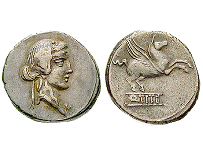 Pegasus - das mythische Flügelpferd − Römische Republik, Denar 90 v.Chr.