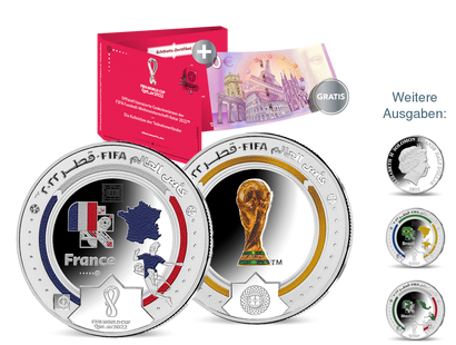Offizielle Gedenkmünzen zu den Teilnehmerländern der Fussball-WM 2022 - Ihr Start: „Frankreich + Pokal“