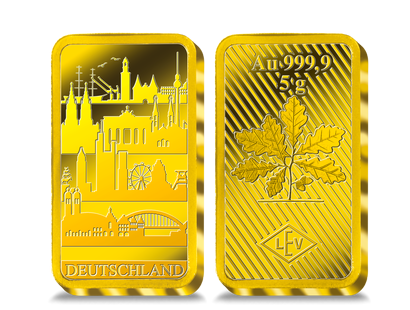 Der Gedenkbarren „Skyline Deutschland“ aus 5 Gramm reinstem Gold