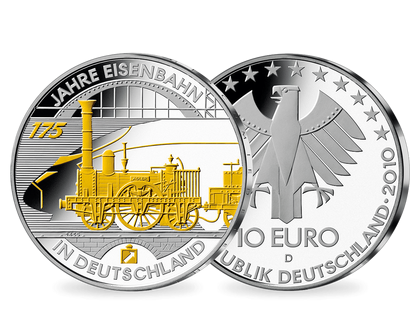 Die 10-Euro-Ausgabe „175 Jahre Eisenbahn“ von 2010 – teilvergoldet!