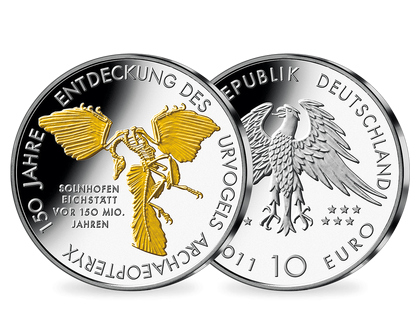 10-Euro-Ausgabe „150 Jahre Archaeopteryx“ von 2011 – teilvergoldet!