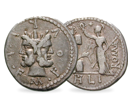 Antike Silbermünze mit dem Kopf des Janus!