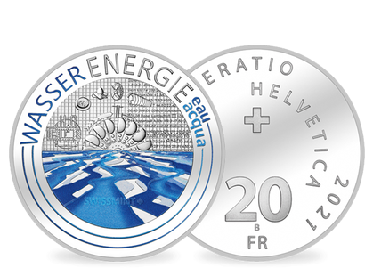 Schweiz 2021: Silbermünze - 20 Franken "Wasserenergie"