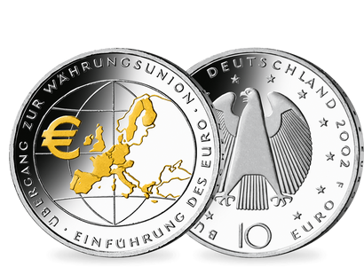 Die 10-Euro-Ausgabe „Einführung des Euro“ von 2002 – teilvergoldet!
