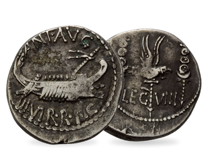 Der Flottendenar des Marc Anton − Römische Republik, Denar 32 v.Chr.