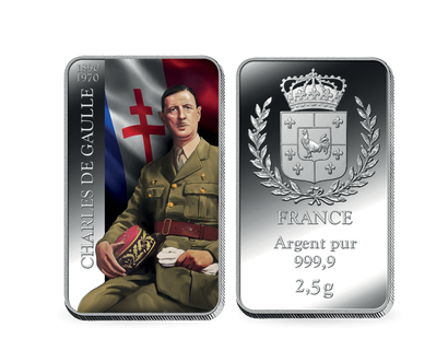 Lingot en argent le plus pur colorisé «Charles de Gaulle (1890 - 1970)»