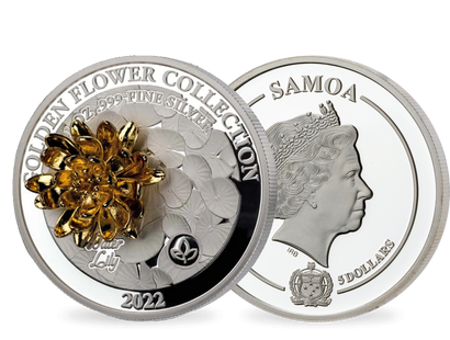 Monnaie d'une once d’argent pur avec une fleur de nénuphar dorée en or, effet 3D 