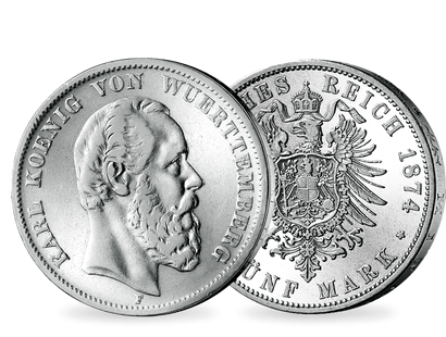 Deutsches Reich / Württemberg 5 Mark 1874-1888 König Karl