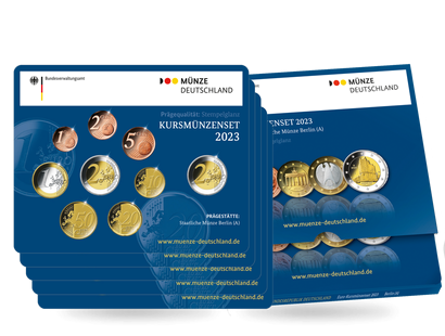 Deutschlands offizielle Kursmünzensätze 2023 mit allen fünf Prägezeichen ADFGJ