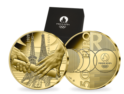 Die erste Gold-Gedenkmünze Paris 2024 "Stabübergabe" – Polierte Platte!