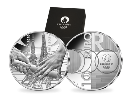 Die erste Silber-Gedenkmünze Paris 2024 "Stabübergabe" – Polierte Platte!