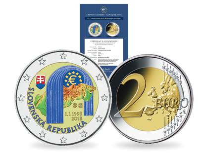 Frappe de 2 Euros colorisée «25ème anniversaire de la République slovaque» Slovaquie 2018