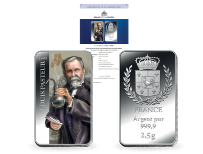 Lingot en argent le plus pur colorisé «Louis Pasteur (1822 - 1895)» 