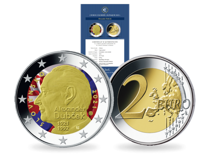 Frappe de 2 Euros colorisée «100ème anniversaire d'Alexander Dubček» Slovaquie 2021