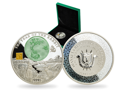 Monnaie en argent pur avec incrustation de jade « Année du Lapin » 2023