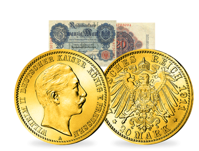 Der Goldstandard: 20-Mark-Münze und -Schein des Deutschen Kaiserreichs