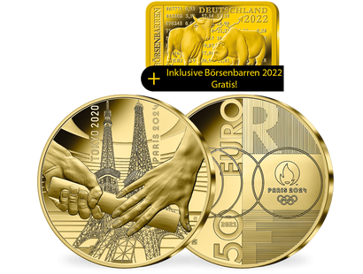 Die erste Gold-Gedenkmünze Paris 2024 "Stabübergabe" – Polierte Platte!