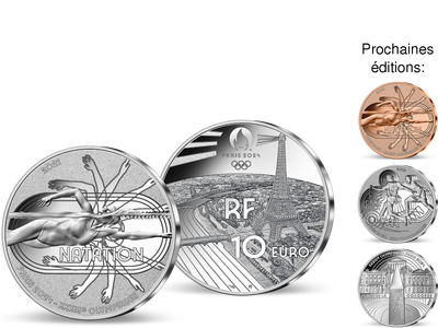 Les monnaies 10€ en argent pur - «Jeux olympiques Paris 2024». Votre CADEAU :  la monnaie  cuivrée ¼ d’Euro « natation » 