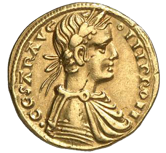 Vorderseite der Goldmünze Augustalis mit Abbildung des Stauferkaisers
