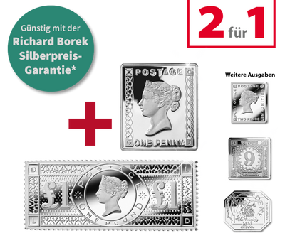 Silberbriefmarken, Start im Doppelpack  One Penny Black und Victoria 1 Pound 1888