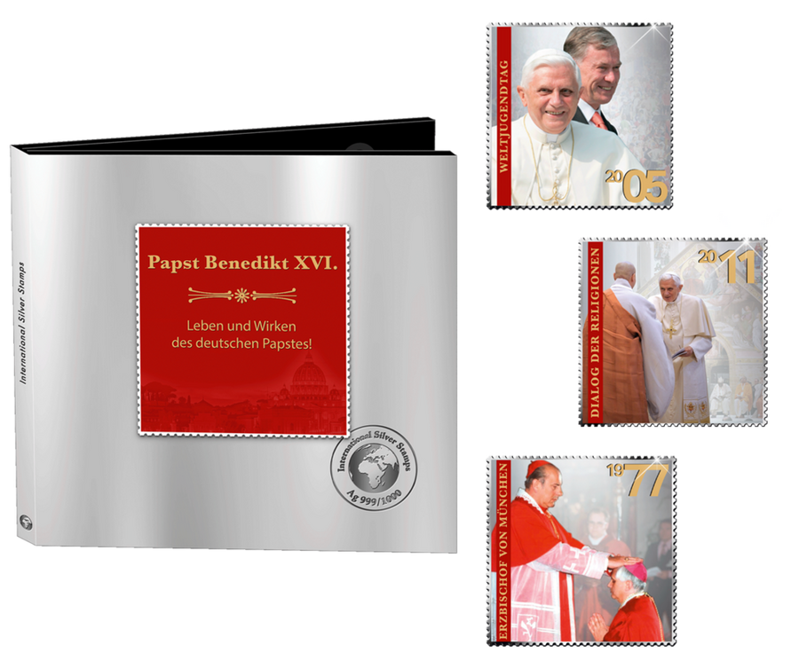 Exklusive Silberbriefmarke "Benedikt XVI." - Der deutsche Papst in reinem Silber