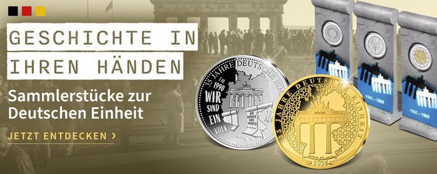 Sammlermünzen zur Deutschen Einheit mit Mauer-Design und Brandenburgertor