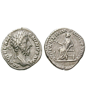 "Die berühmteste Reiterstatue in Rom<br> Marcus Aurelius, Denar 161-180"