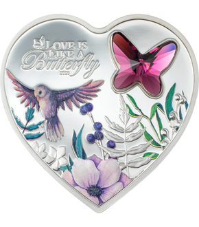 Edle Silbermünze "Liebe ist wie ein Schmetterling" in Herzform