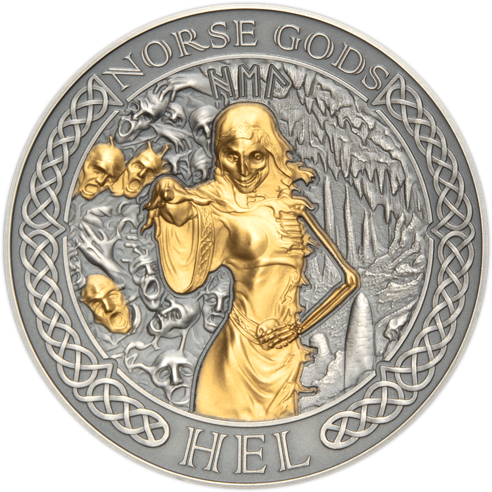 Vergoldete Silbermünze "Nordische Göttin Hel" mit Antik-Finish