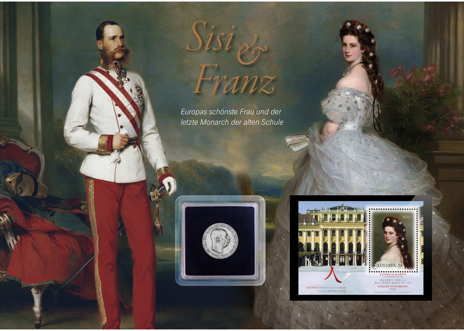 2er Set: Original-Silbermünze Kaiser Franz Joseph I. und Briefmarke "Kaiserin Elisabeth"