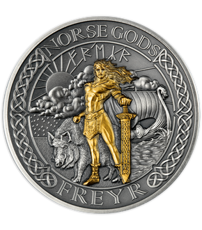 Vergoldete Silbermünze "Nordischer Gott Freyr" mit Antik-Finish