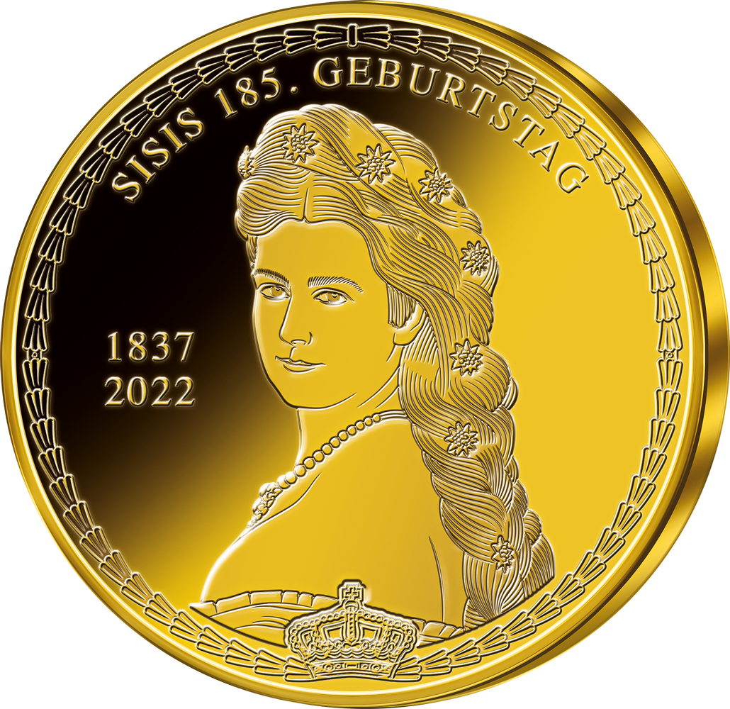 Kaiserin Sisi auf einer vergoldeten Ehrenausgabe zu ihrem 185. Geburtstag