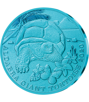 Erstmals auf einer leuchtend türkisen Titanmünze – die "Riesenschildkröte"