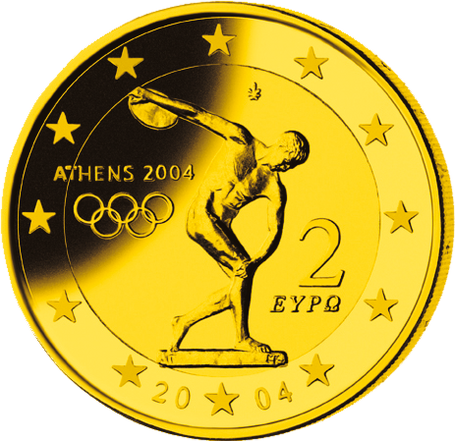 Die Vorderseite der goldveredelten Gedenkausgabe "Olympische Spiele" aus Griechenland 2004
